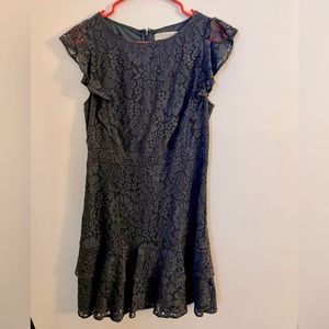 LOFT floral lace ruffle sleeve gray mini dress.